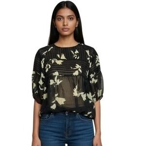 Anthropologie One Fine Day Black Floral Top Semi Sheer Sz Large Boho Feminine
